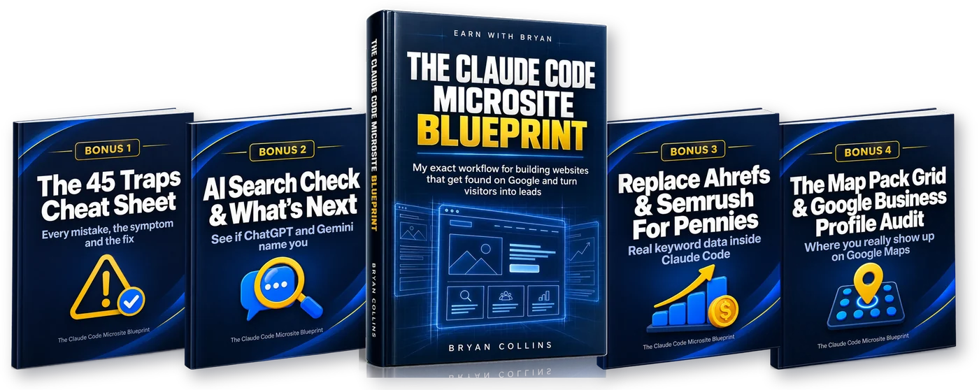 The Claude Code Microsite Blueprint by Bryan Collins with its four bonuses: the 45 Traps Cheat Sheet, AI Search Check, Replace Ahrefs and Semrush, and the Map Pack Grid audit
