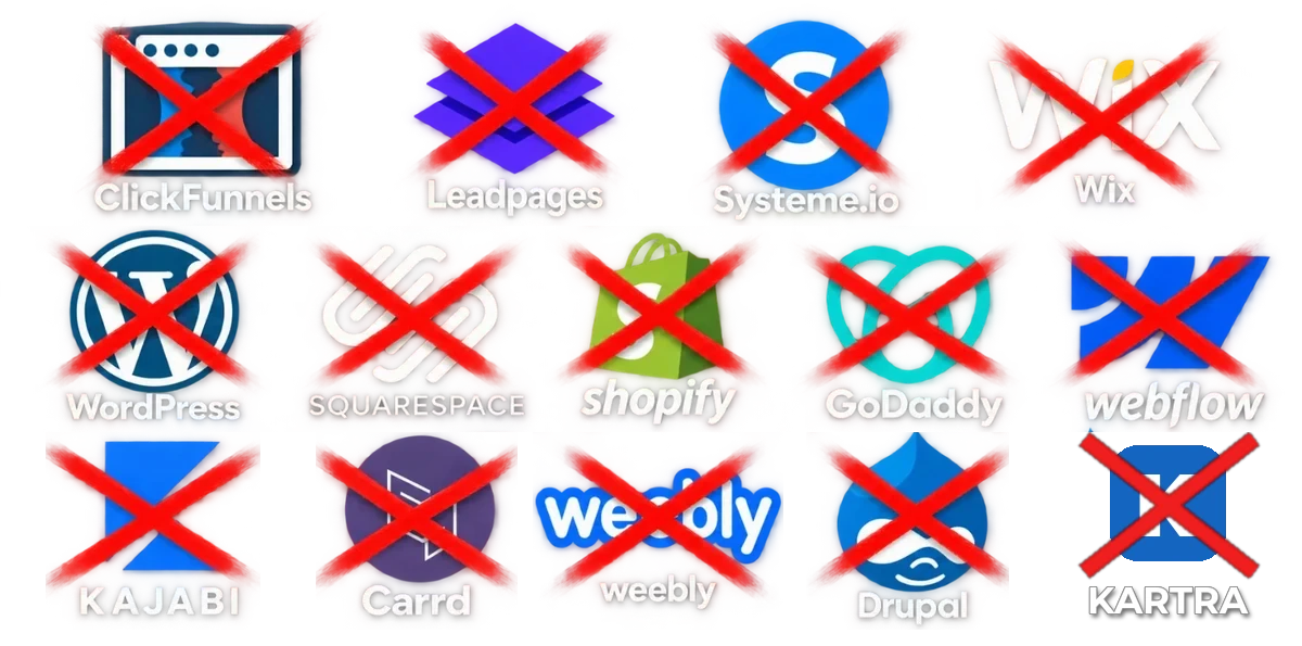 Page builders and website platforms crossed out: you don't need a monthly page builder