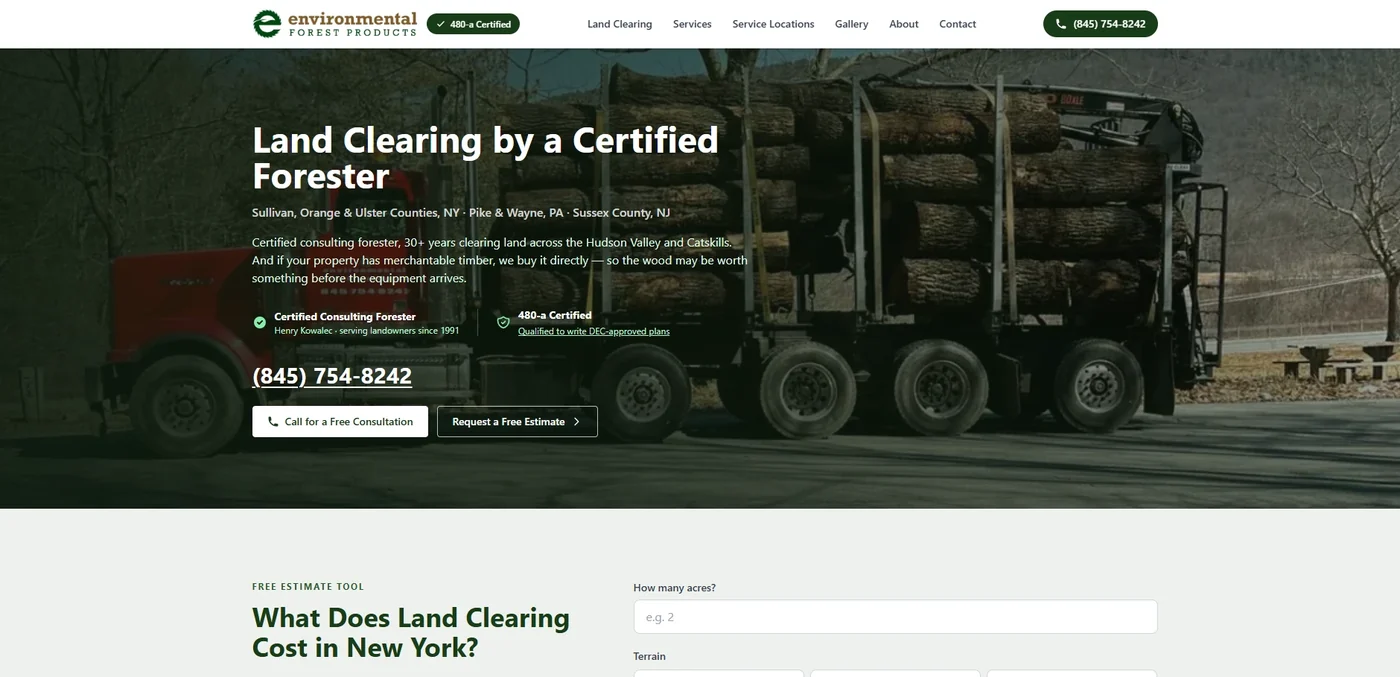 Environmental Forest Products homepage: land clearing by a certified forester