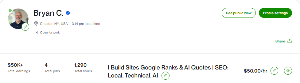 Bryan Collins’ verified Upwork profile: $50K+ total earnings, 4 jobs, 1,290 total hours, $50/hr